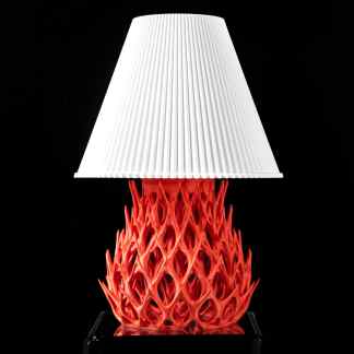 Decorative 3D printed lamp with intricate coral-like red base and white shade.