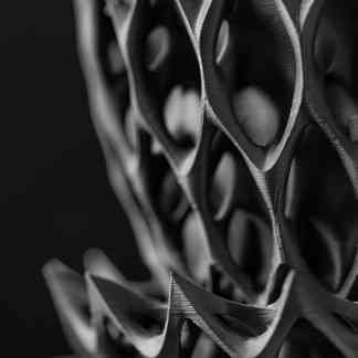 Highly detailed black and white 3D printed intricate geometric model demonstrating advanced additive manufacturing technology.