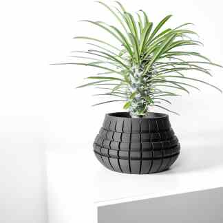 Vase with geometric pattern holding a green plant, ideal for modern home decor.