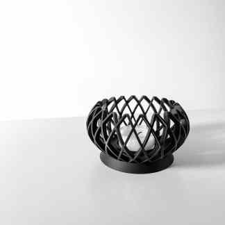 A sleek black 3D printed candle holder featuring an intricate lattice design, perfect for contemporary interior accents.