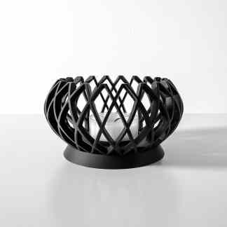 Stylish black 3D-printed candle holder featuring an intricate lattice design, perfect for modern home decor.