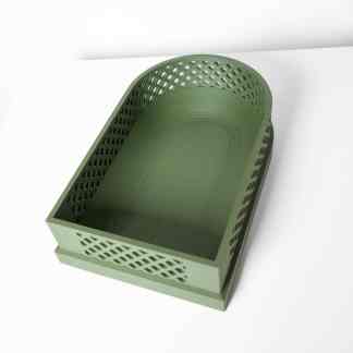 3D-printed green storage basket with ventilation holes, ideal for home organization and decorative use.