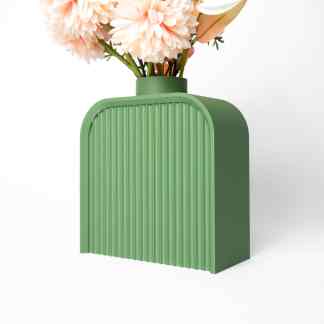 Stylish green 3D printed vase with pink flowers, modern home decor, crafted with precision.