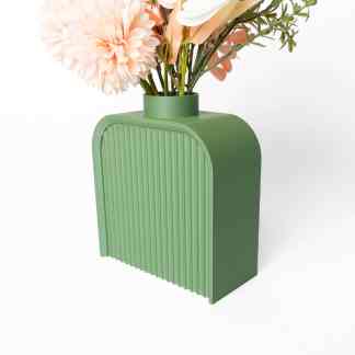3D printed floral vase, green color, vertical ribbed design, modern home decor, 3D printing art.