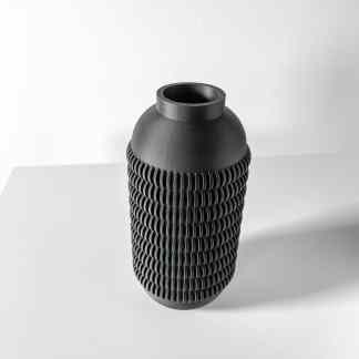 3D printed black vase with textured ribbed pattern, perfect for modern interior decoration.