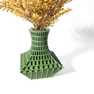 3D printed decorative vase showcasing advanced geometric design with dried flowers for modern interior style.