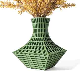Stylish green geometric 3D-printed vase with intricate lattice structure. Perfect for modern decorative home accents.