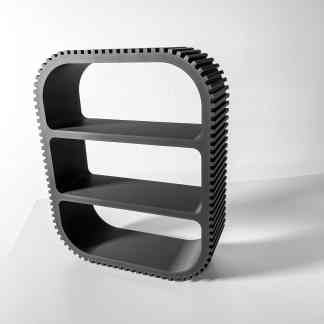 Modern 3D printed black bookshelf with gear edge, sleek design for contemporary interiors.