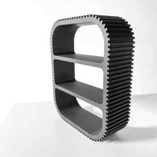 Modern black and silver 3D printed shelf for home or office decor. Customizable and innovative design.