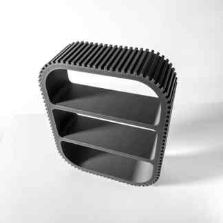 Highly detailed 3D printed modern storage shelf with three tiers.