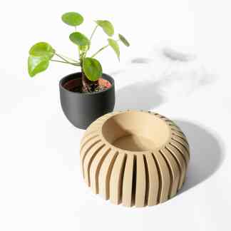 Sleek black pot with green plant, wooden circular 3D-printed decorative holder.