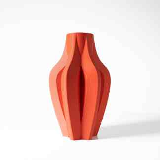 3D printed orange vase, modern design, handcrafted home decor, innovative 3D modeling.