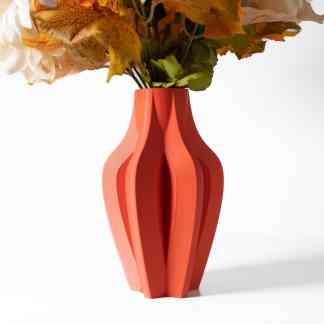 3D printed flower vase, layered design, vibrant orange, home decor accessories.