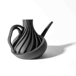 High-quality black 3D printed teapot showcasing complex design and craftsmanship.