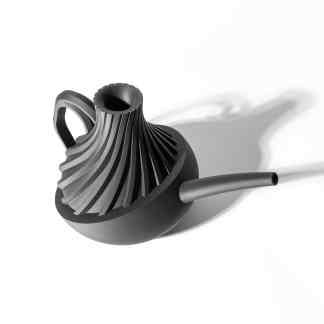 High-quality 3D printed black watering can with artistic design and ergonomic handle.