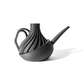 Black 3D-printed modern teapot with a unique striped design and long spout.
