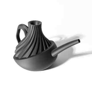 3D printed black teapot with detailed, artistic design, perfect for showcasing innovative 3D printing capabilities.