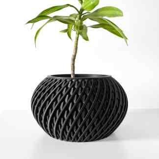 High-quality black 3D printed plant pot with intricate spiral design, ideal for modern home decor.