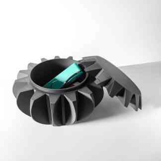 Highly detailed black and white 3D printed gear housing with storage compartment, created by AM Square 3D.