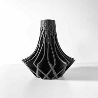 3D printed abstract black vase with geometric cutout design, modern home decor.