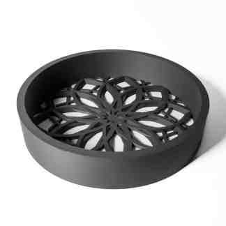 Detailed black 3D-printed geometric lattice in a circular shape, showcasing precision and craftsmanship.