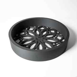 High-quality black 3D-printed coaster with intricate geometric design. Durable and stylish for home decor.