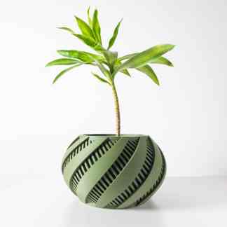 Bright green plant in a modern 3D-printed spiraled pot.