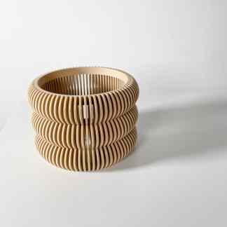 Detailed 3D-printed wooden decorative basket with intricate slat design.