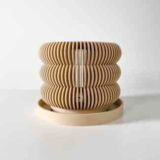 Minimalist beige wooden lamp with intricate layered patterns, modern aesthetic, ideal for contemporary interiors.