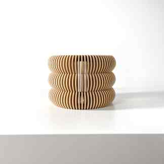 Decorative 3D-printed wooden stool emphasizing modern design and advanced fabrication techniques.