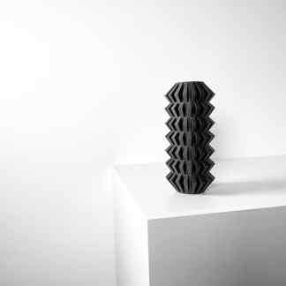 Sleek black 3D printed vase with intricate geometric patterns, perfect for contemporary decor.