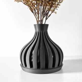 3D printed black vase with a unique striped design for modern interior decor.