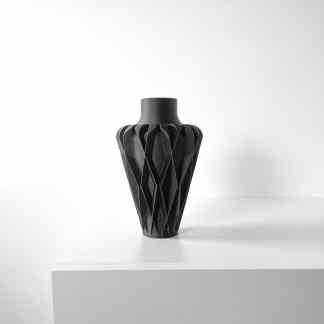 Black 3D printed vase with geometric patterns, perfect for modern home decor.