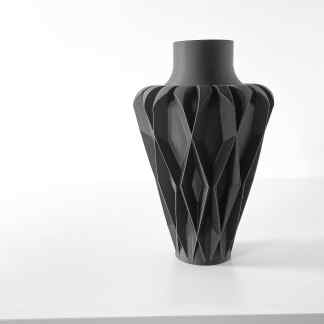 Elegant 3D-printed black vase with geometric design, ideal for modern interior decor.