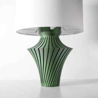 3D-printed table lamp with an elegant green base and white lampshade, highlighting advanced 3D printing technology.
