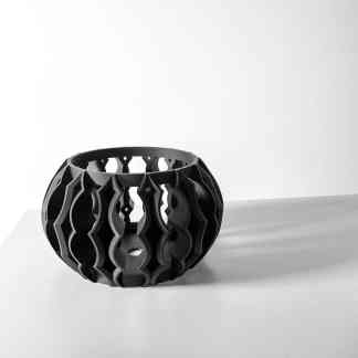 Sleek black 3D-printed vase with intricate geometric patterns, perfect for modern home decor.