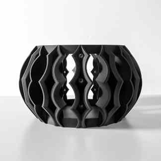 Highly detailed 3D-printed black vase featuring complex geometric patterns, perfect for modern decor.