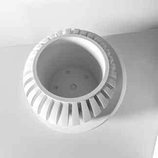 White 3D printed circular vent with adjustable fins, innovative design, modern HVAC part.
