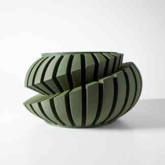 High-quality 3D-printed modern geometric decorative bowl in army green color.