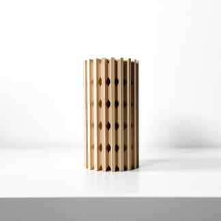 A sleek, 3D-printed wooden vase showcasing innovative design and craftsmanship for stylish home decoration.