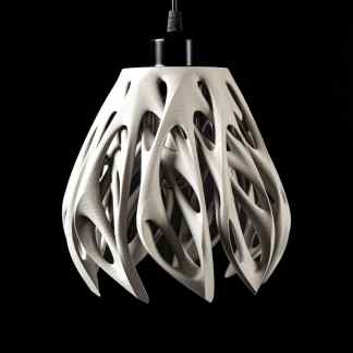 A sleek, modern 3D printed pendant lamp with an intricate, organic design for contemporary interior decor.