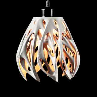 Sleek white 3D-printed pendant light with intricate design, illuminated on a black background.