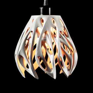 High-quality 3D-printed lamp with intricate, modern wooden design and warm internal lighting.