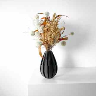 Sleek black 3D printed vase featuring intricate geometric design, perfect for stylish home decor.