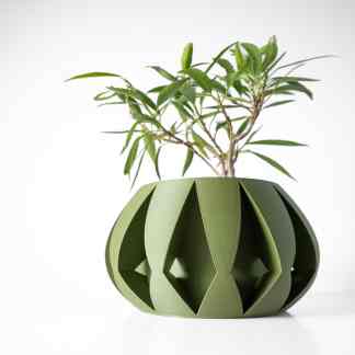 3D printed plant pot with geometric green design, perfect for modern indoor gardens and decorative planters.