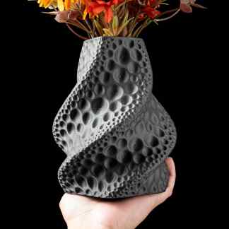3D printed vase, textured design, modern home decor, floral arrangement, artistic 3D art.