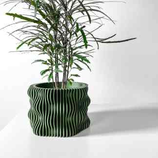 High-quality 3D printed green plant pot with detailed wavy pattern, perfect for modern decor.