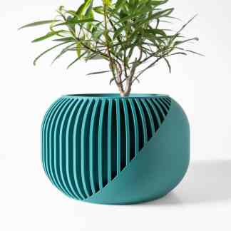3D printed teal plant pot with stylish ribbed pattern, ideal for home decor and plant display.