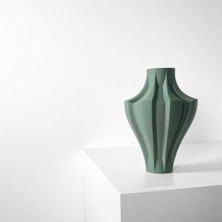 Stylish 3D printed green ceramic vase with modern geometric design on white pedestal.