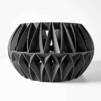 Detailed black 3D printed geometric sphere with lattice design.
